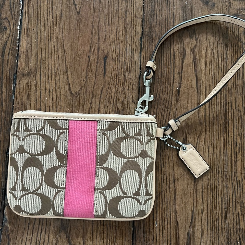 Coach Wristlet in Signature Canvas with Pink Detail
